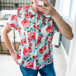 Hell Bunny Plaid & Floral Blouse with Peter Pan Collar; Size Large